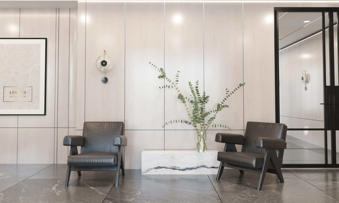 Lobby render — arrival seating and entrance composition